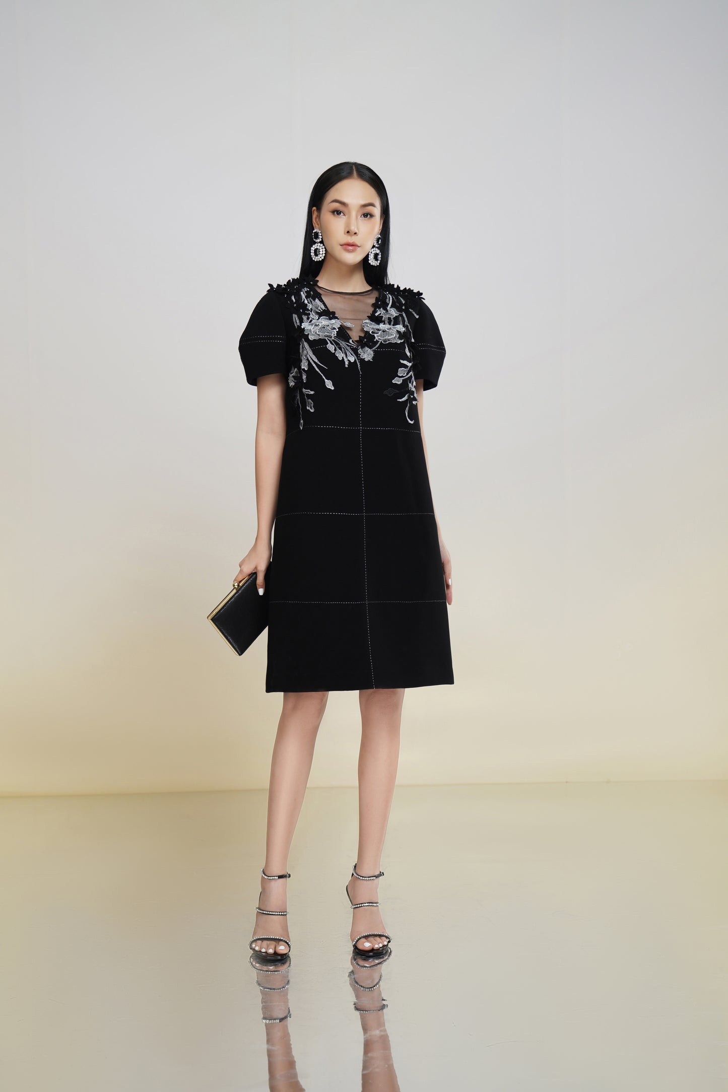 Black Floral Embroidered Mesh Panel Shift Dress