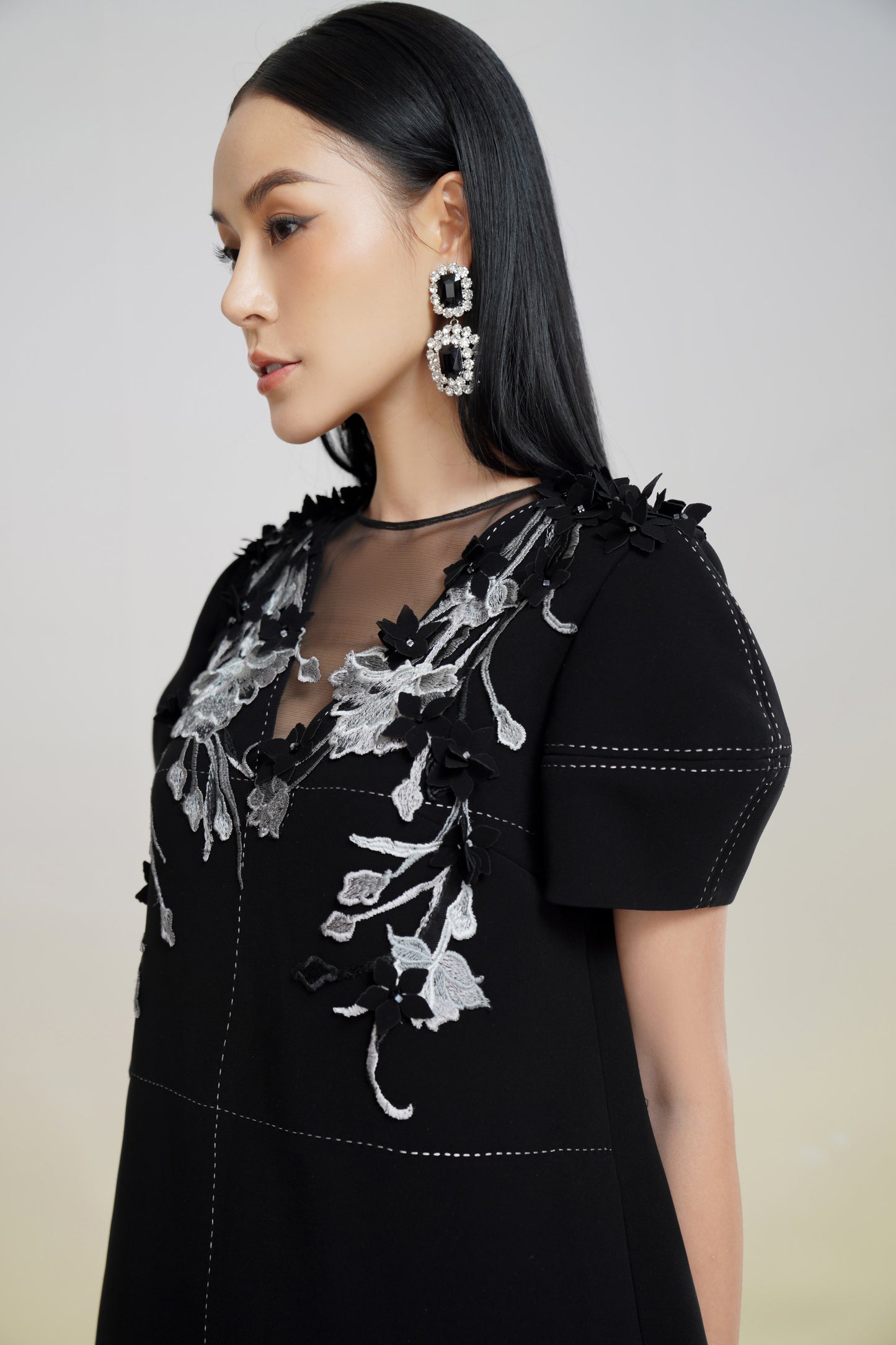 Black Floral Embroidered Mesh Panel Shift Dress