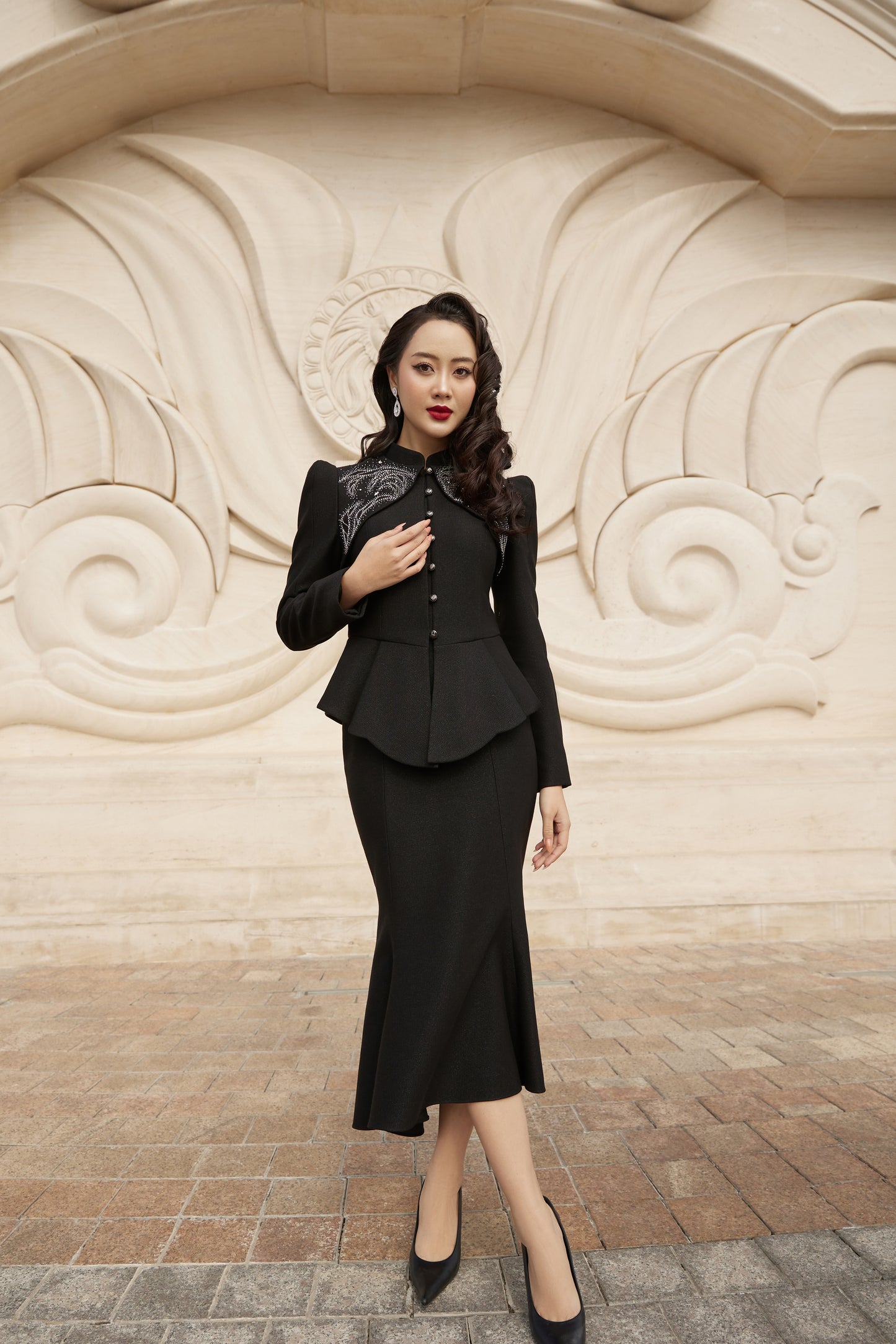 Black Peplum Blazer and Midi Skirt Set