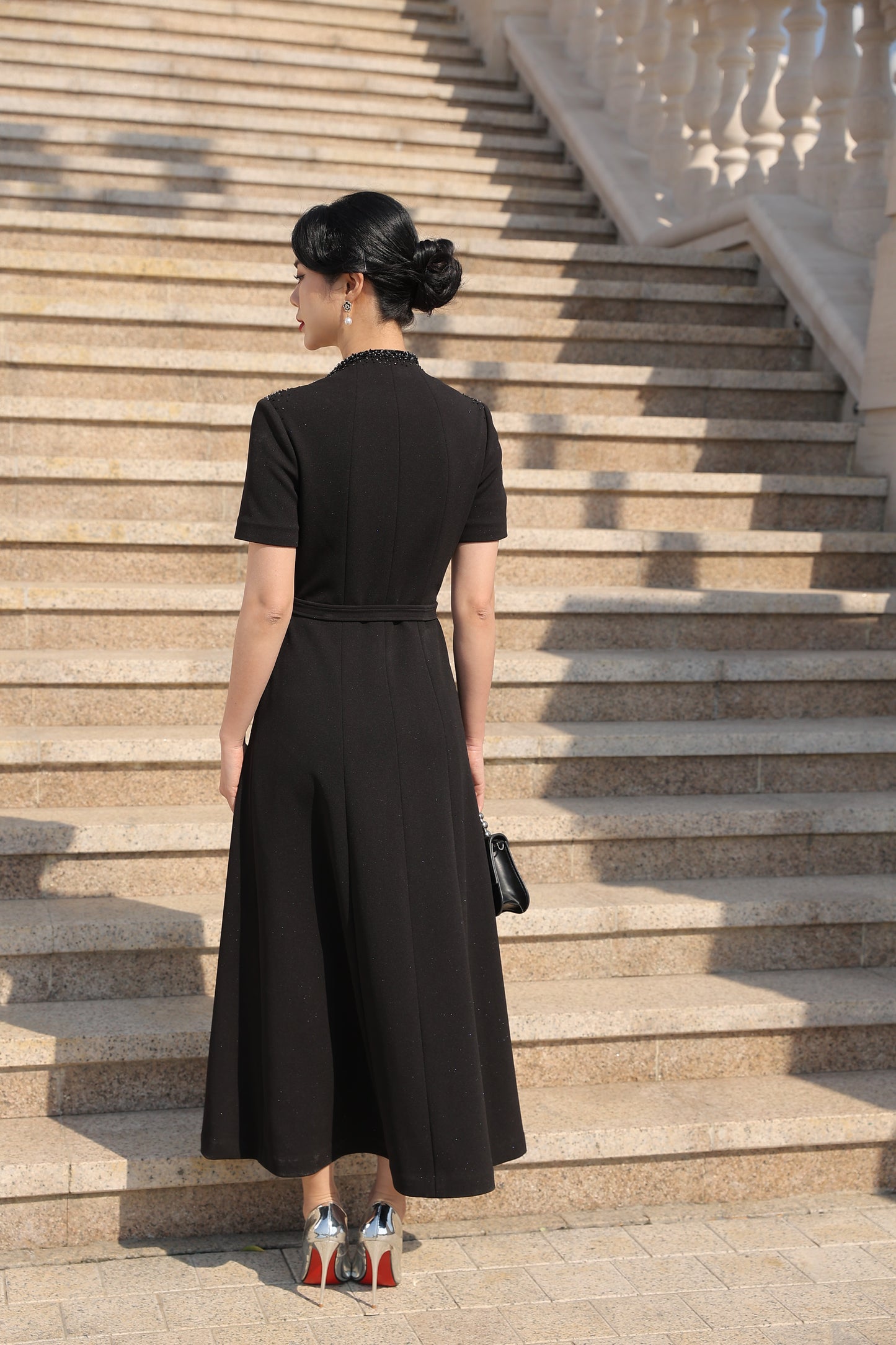 Black Button-Down A-Line Midi Dress with Beaded Detailing