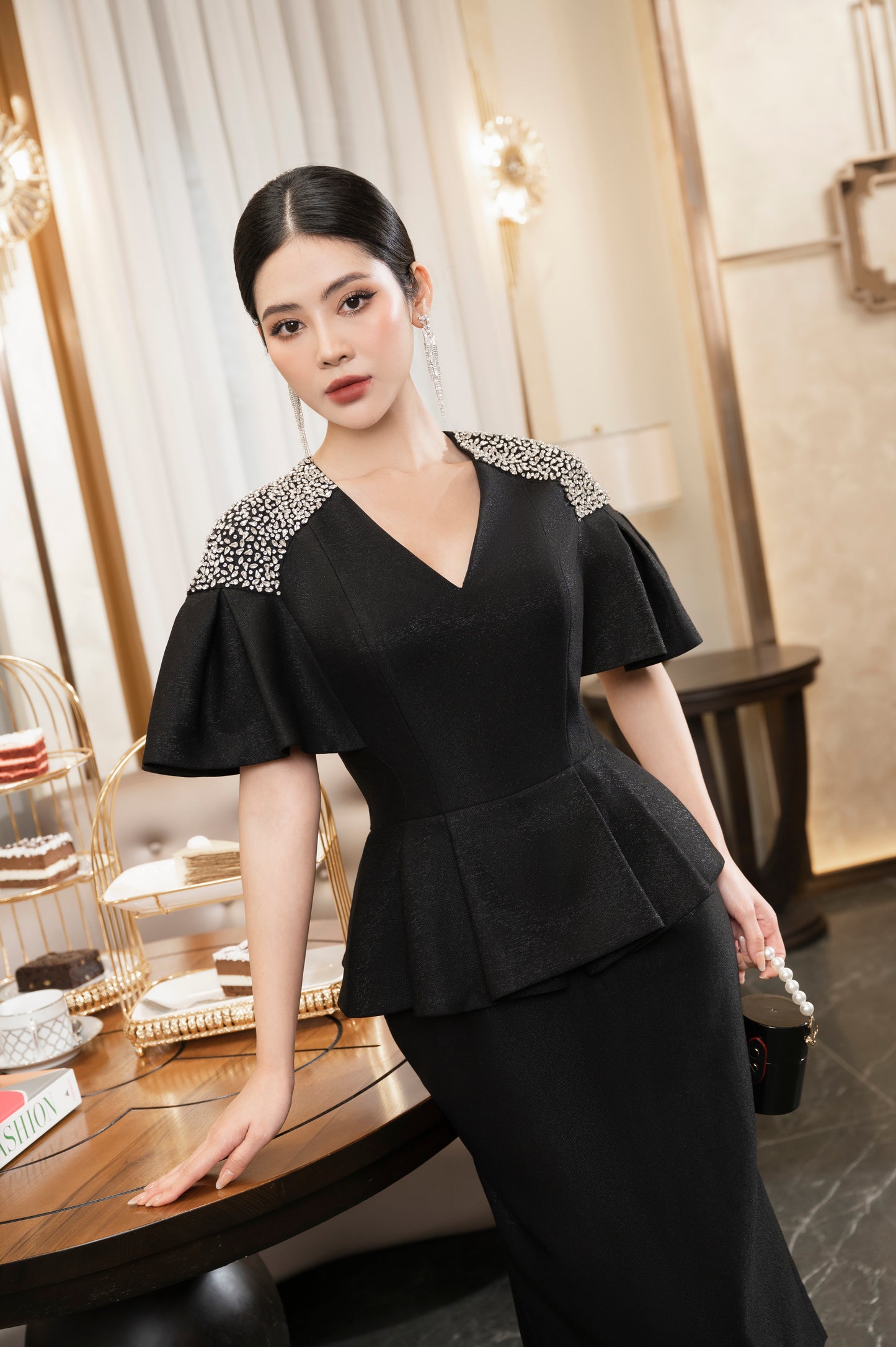 Black Peplum Midi Dress with Ruffled Sleeves and Pearl Detailing