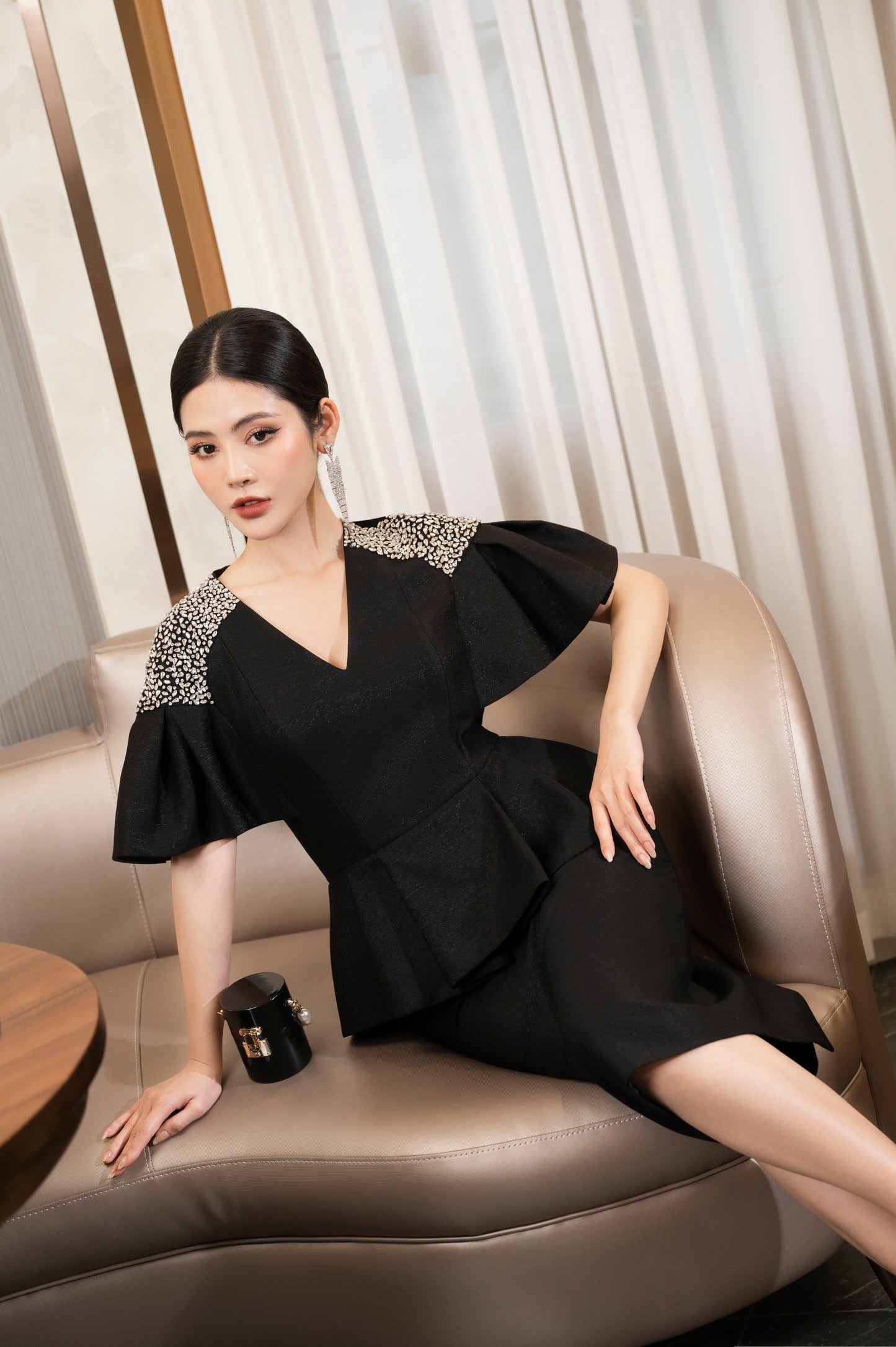Black Peplum Midi Dress with Ruffled Sleeves and Pearl Detailing