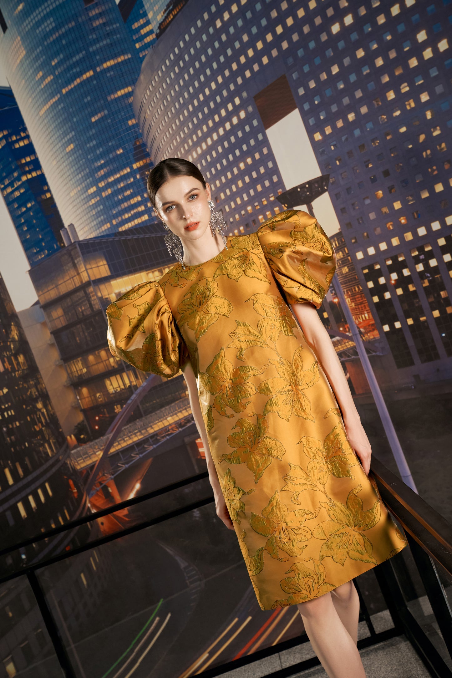 Gold Brocade A-Line Mini Dress with Puff Sleeves