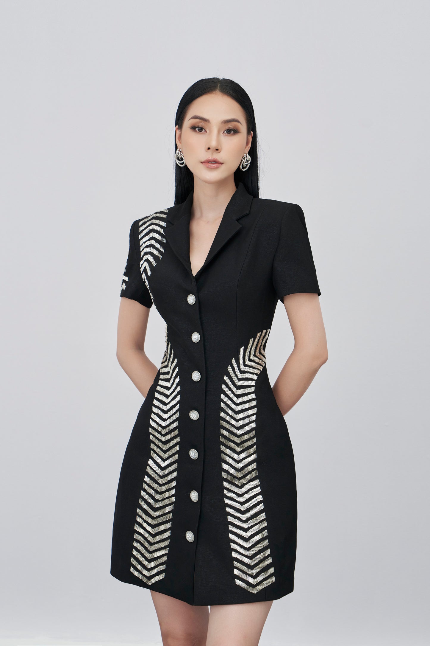 Black Blazer Dress with Silver Chevron Embroidery and Button Front