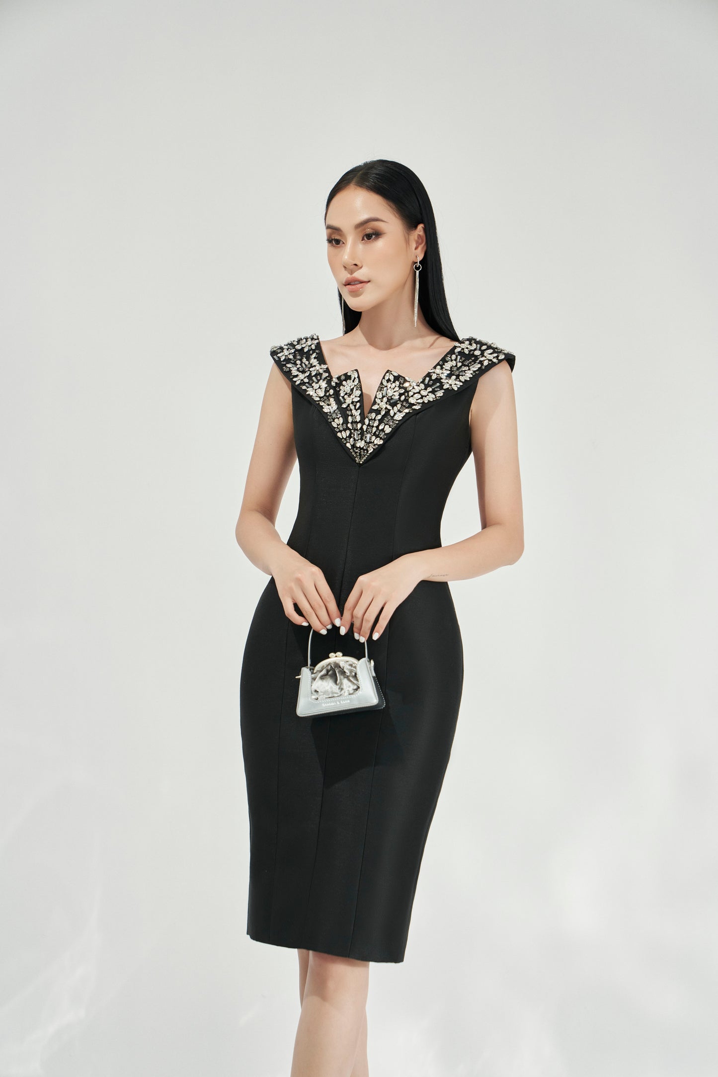 Black Floral Embellished V-Neck Bodycon Dress