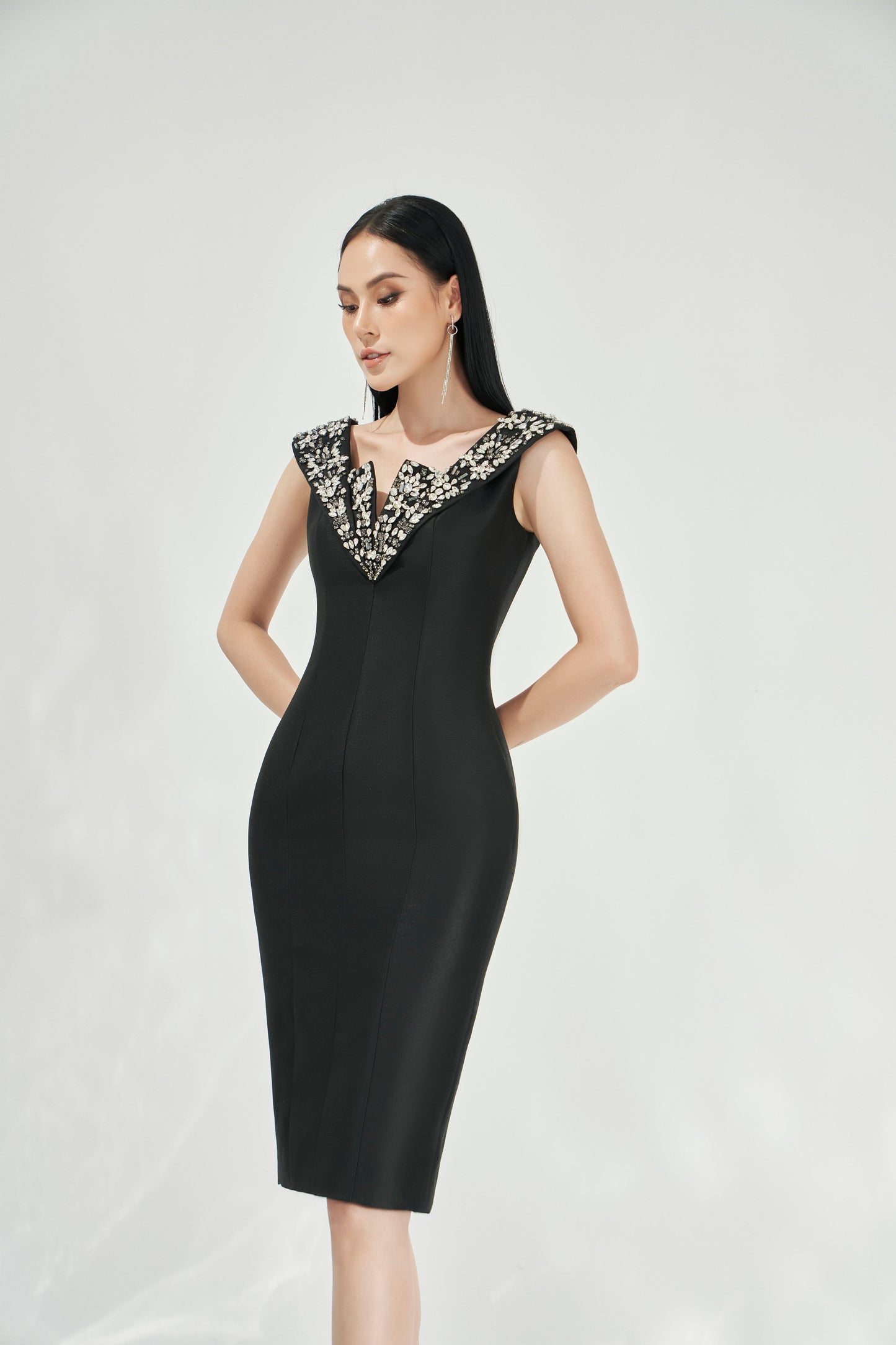 Black Floral Embellished V-Neck Bodycon Dress