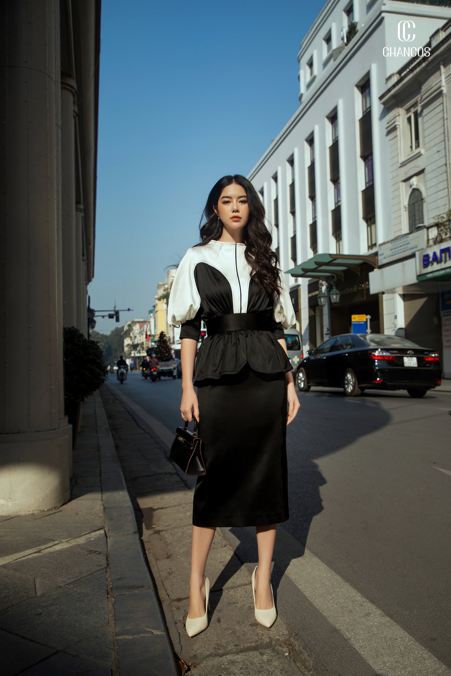 Black and White Peplum Midi Dress with Puff Sleeves