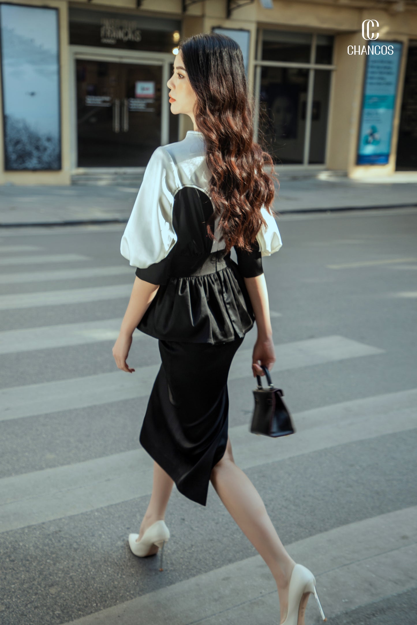 Black and White Peplum Midi Dress with Puff Sleeves