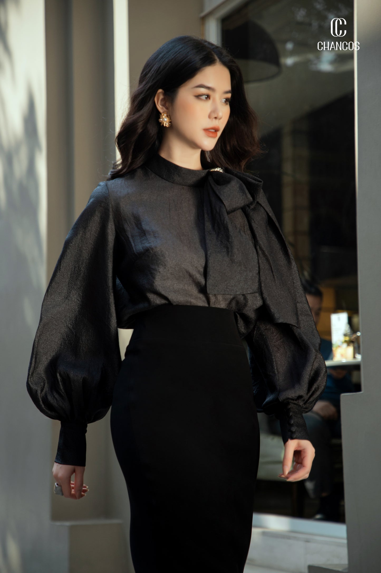 Black Blouse with Statement Bow and Balloon Sleeves