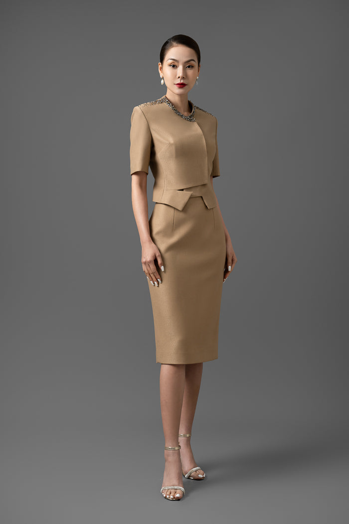 Gabardine Beige Peplum Blazer and Pencil Skirt Set My Store