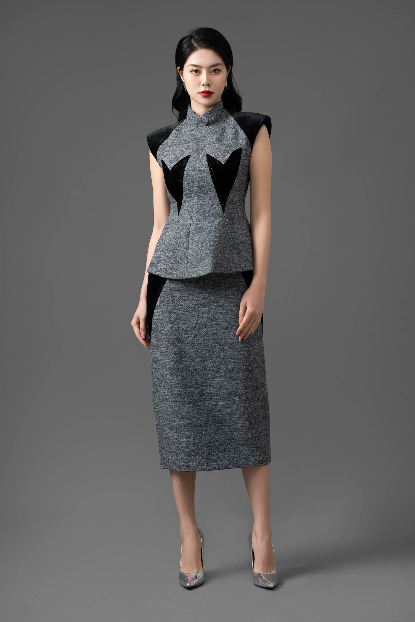 Tweed and Gabardine Structured Vest and Pencil Skirt Set