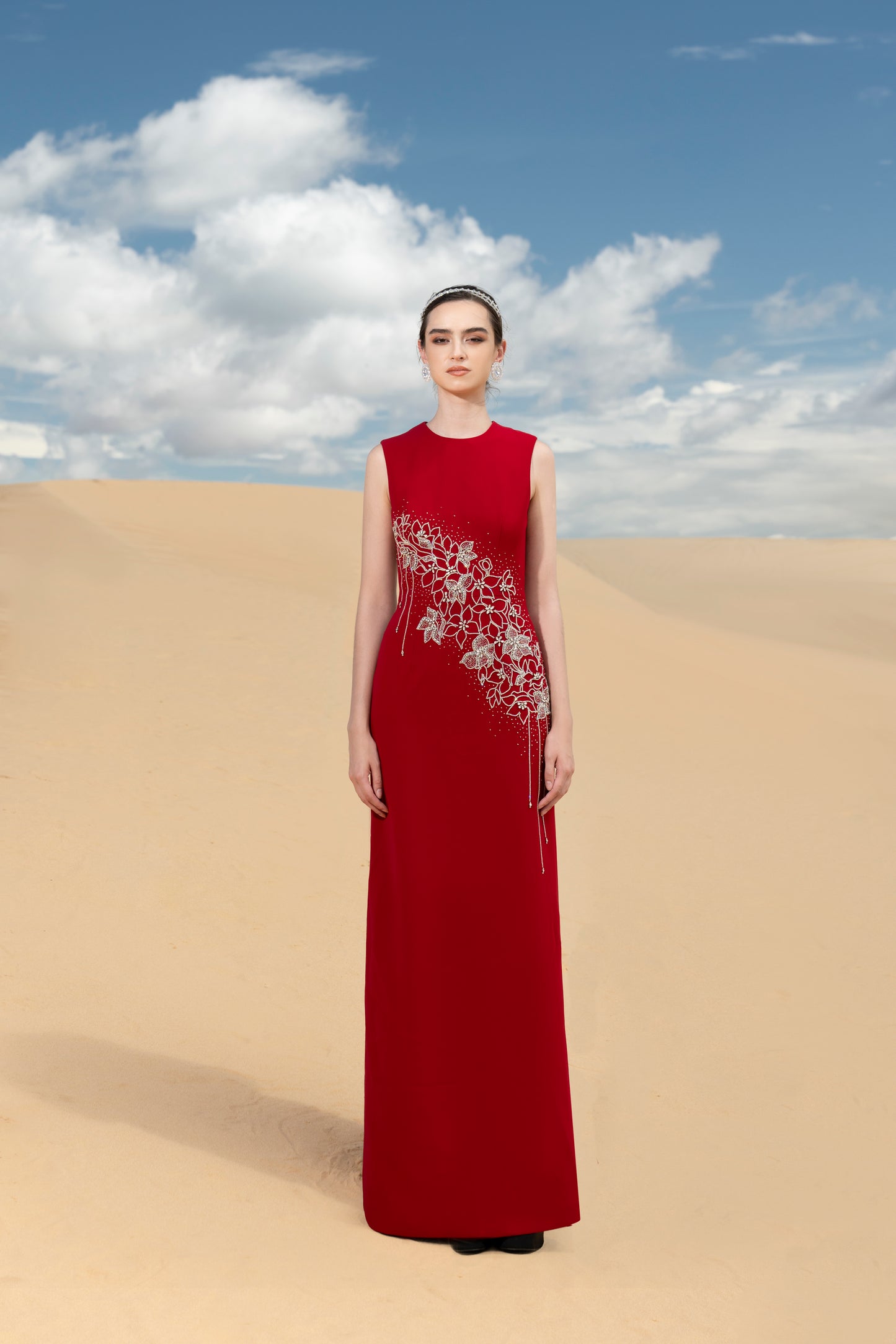 Red Maxi Dress with Floral Embroidery for Formal Events