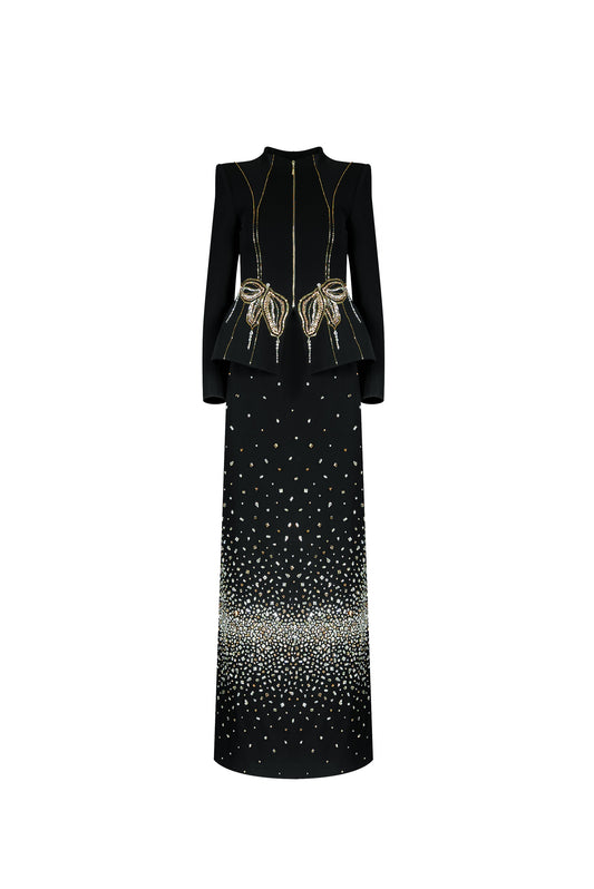 Black Embellished Peplum Jacket and Sequin Skirt Evening Gown