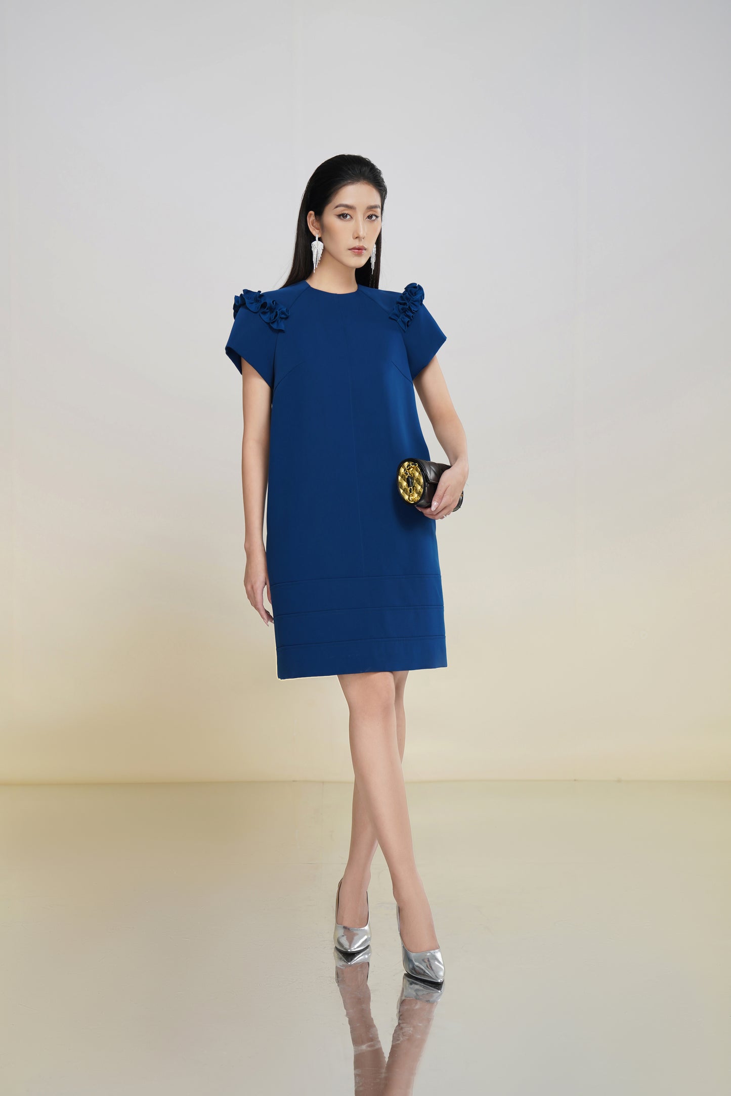 Royal Blue Short Sleeve Shift Dress with Ruffle Details for Women