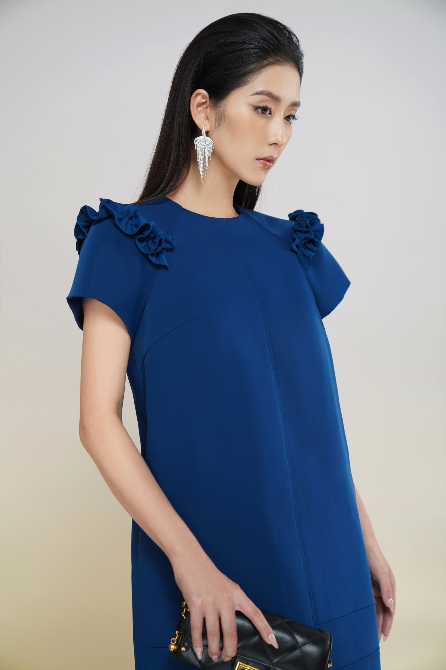 Royal Blue Short Sleeve Shift Dress with Ruffle Details for Women