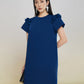 Royal Blue Short Sleeve Shift Dress with Ruffle Details for Women