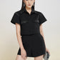 Black Embellished Cropped Button-Up Jacket and High-Waisted Shorts Set