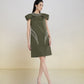 Olive Green Cape Shoulder A-Line Dress with Embellished Detailing