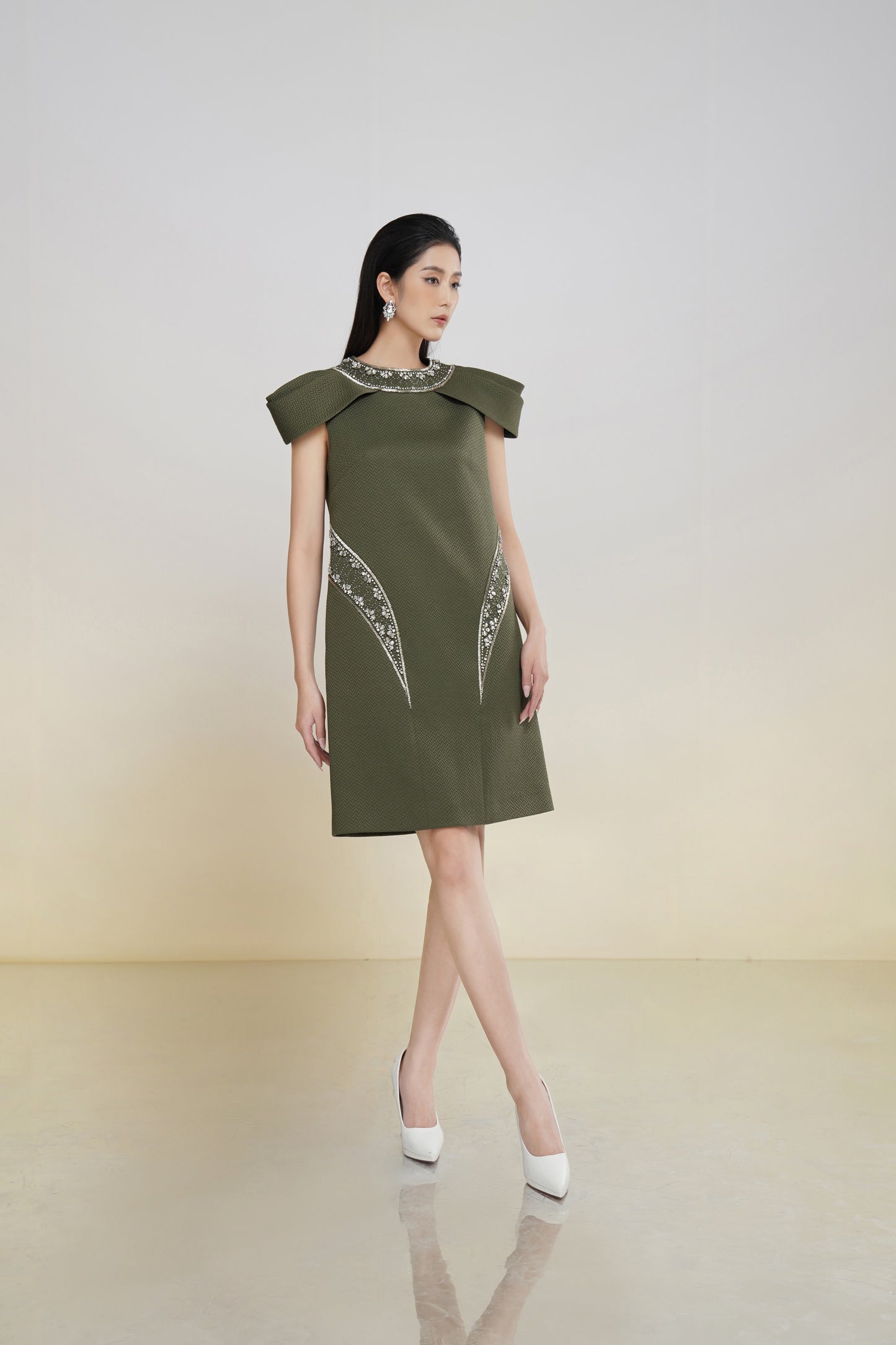 Olive Green Cape Shoulder A-Line Dress with Embellished Detailing