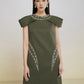 Olive Green Cape Shoulder A-Line Dress with Embellished Detailing
