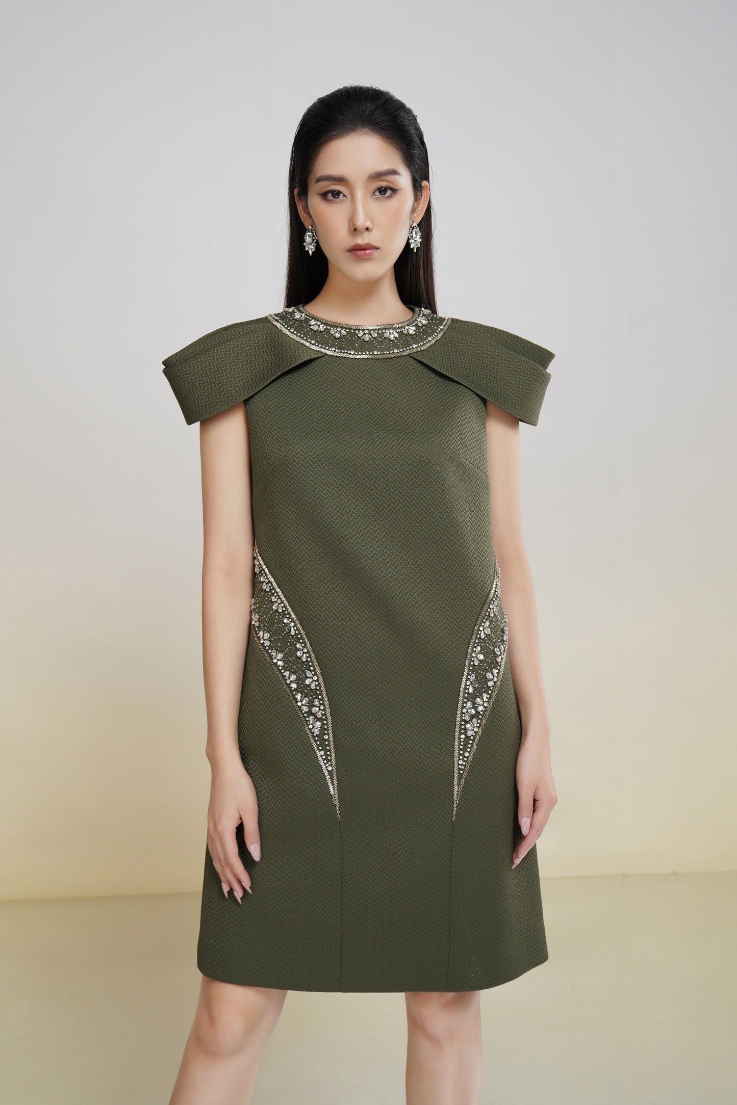 Olive Green Cape Shoulder A-Line Dress with Embellished Detailing
