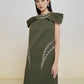 Olive Green Cape Shoulder A-Line Dress with Embellished Detailing