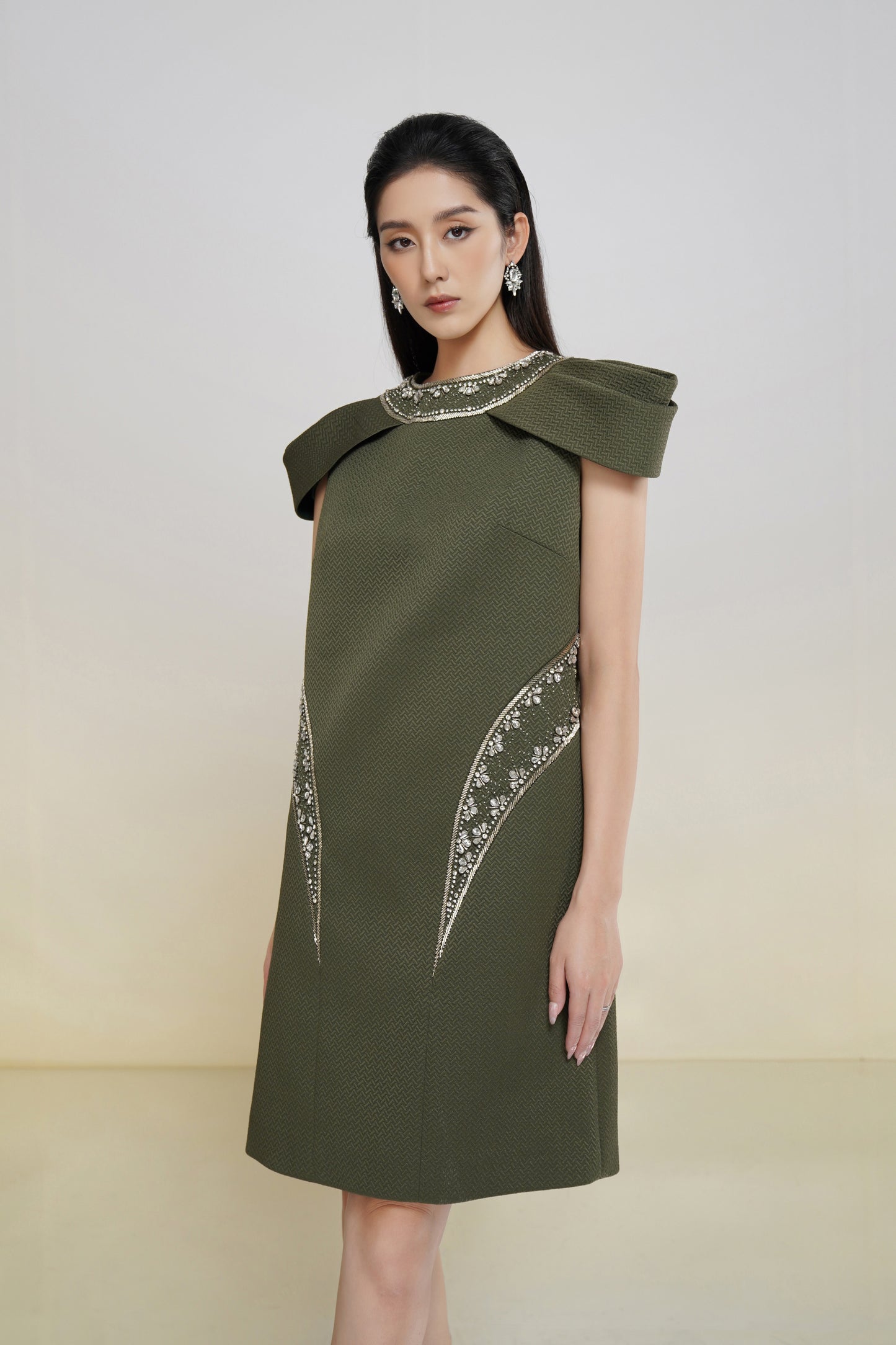 Olive Green Cape Shoulder A-Line Dress with Embellished Detailing