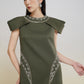 Olive Green Cape Shoulder A-Line Dress with Embellished Detailing