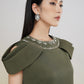 Olive Green Cape Shoulder A-Line Dress with Embellished Detailing