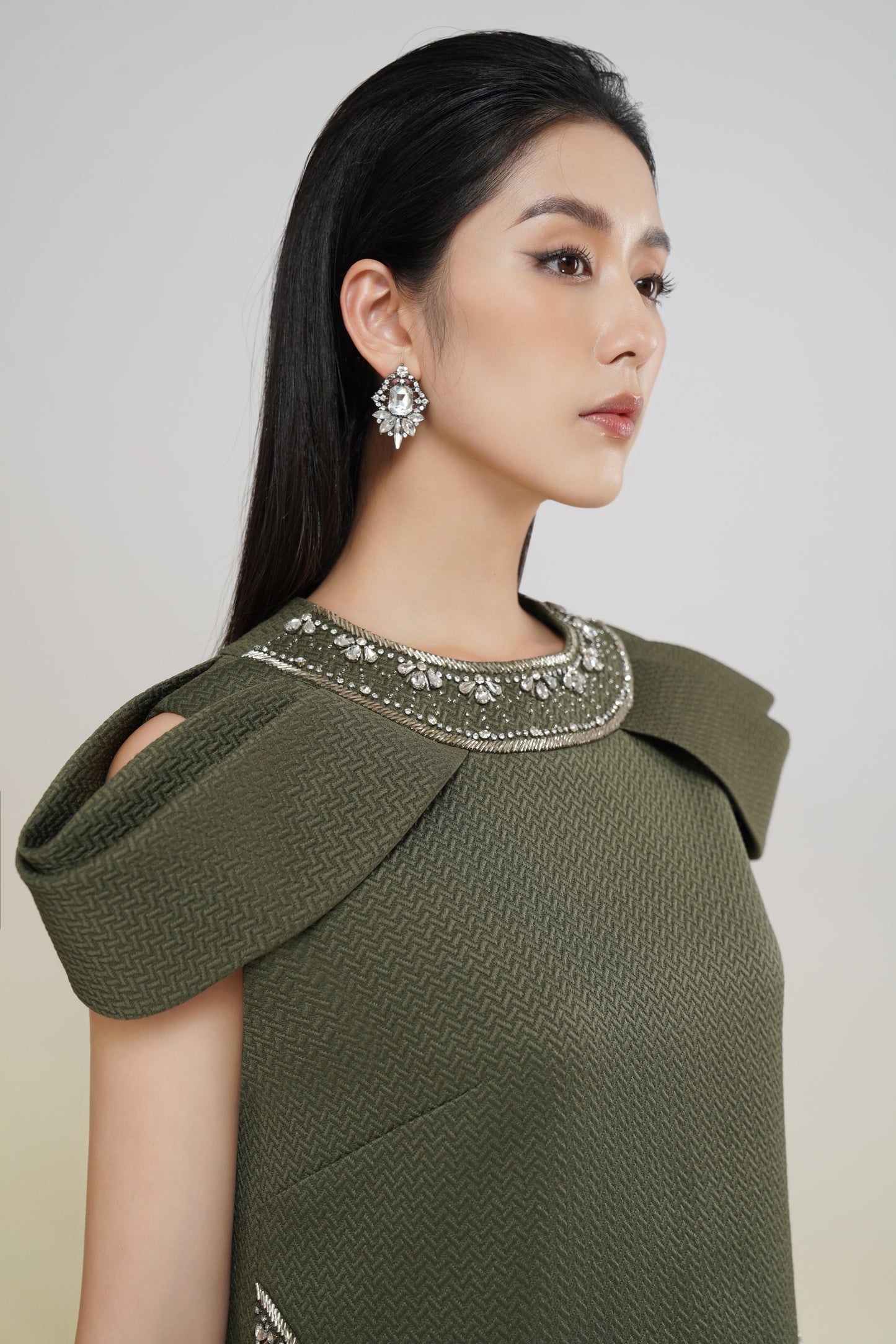 Olive Green Cape Shoulder A-Line Dress with Embellished Detailing