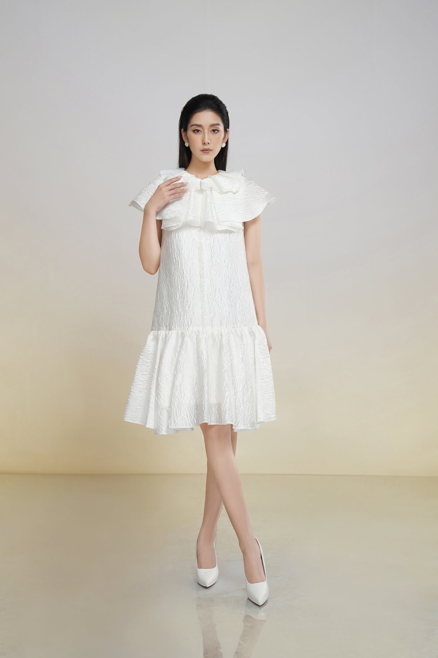 White Textured A-Line Dress with Oversized Bow Collar
