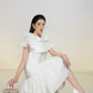 White Textured A-Line Dress with Oversized Bow Collar
