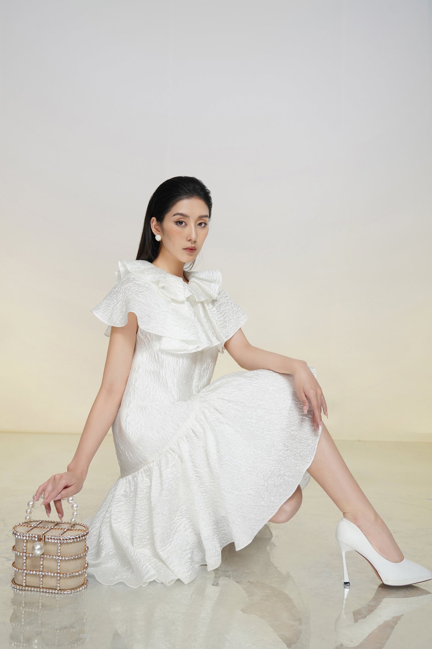 White Textured A-Line Dress with Oversized Bow Collar