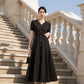 Black Button-Down A-Line Midi Dress with Beaded Detailing