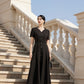 Black Button-Down A-Line Midi Dress with Beaded Detailing