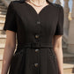 Black Button-Down A-Line Midi Dress with Beaded Detailing