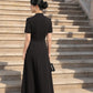 Black Button-Down A-Line Midi Dress with Beaded Detailing