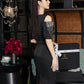 Black Cold-Shoulder Midi Dress with Pearl Embellishments