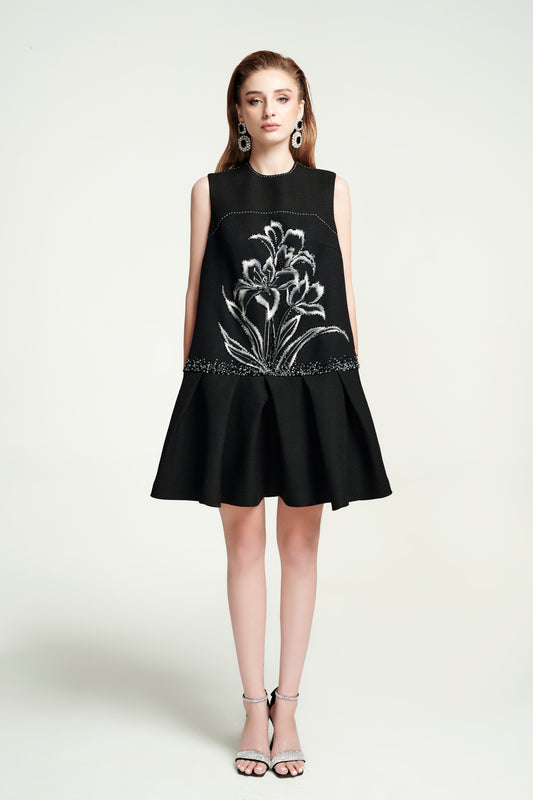 Black Floral Embroidered Sleeveless A-Line Dress