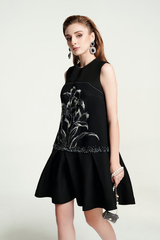 Black Floral Embroidered Sleeveless A-Line Dress