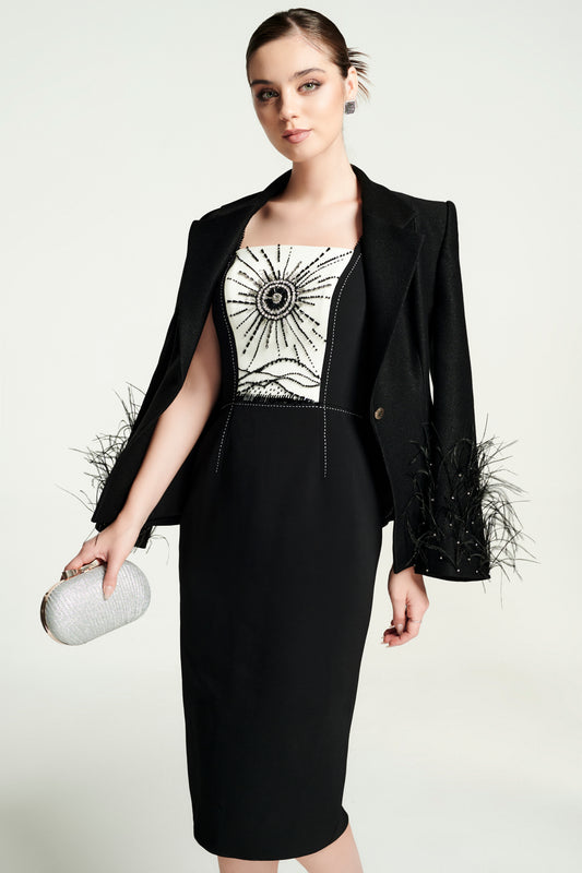 Black Feather Embellished Blazer with Embroidered Sleeves