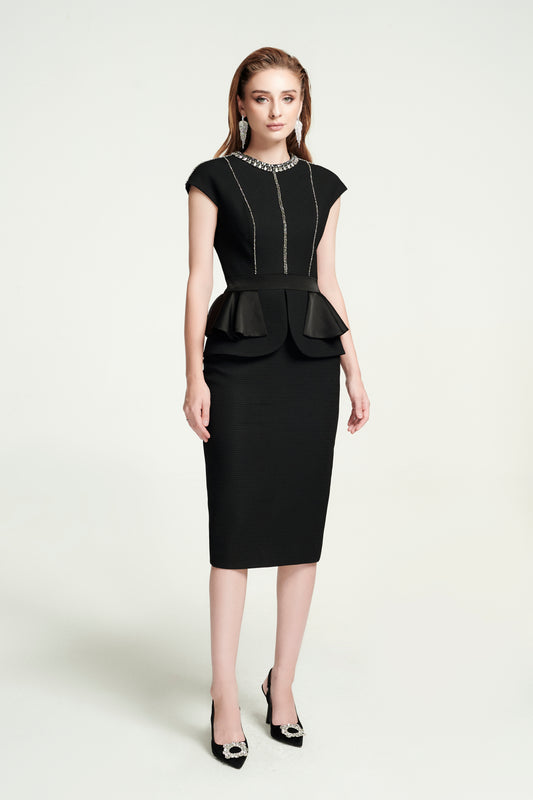 Black Cap Sleeve Peplum Pencil Dress with Embellished Neckline