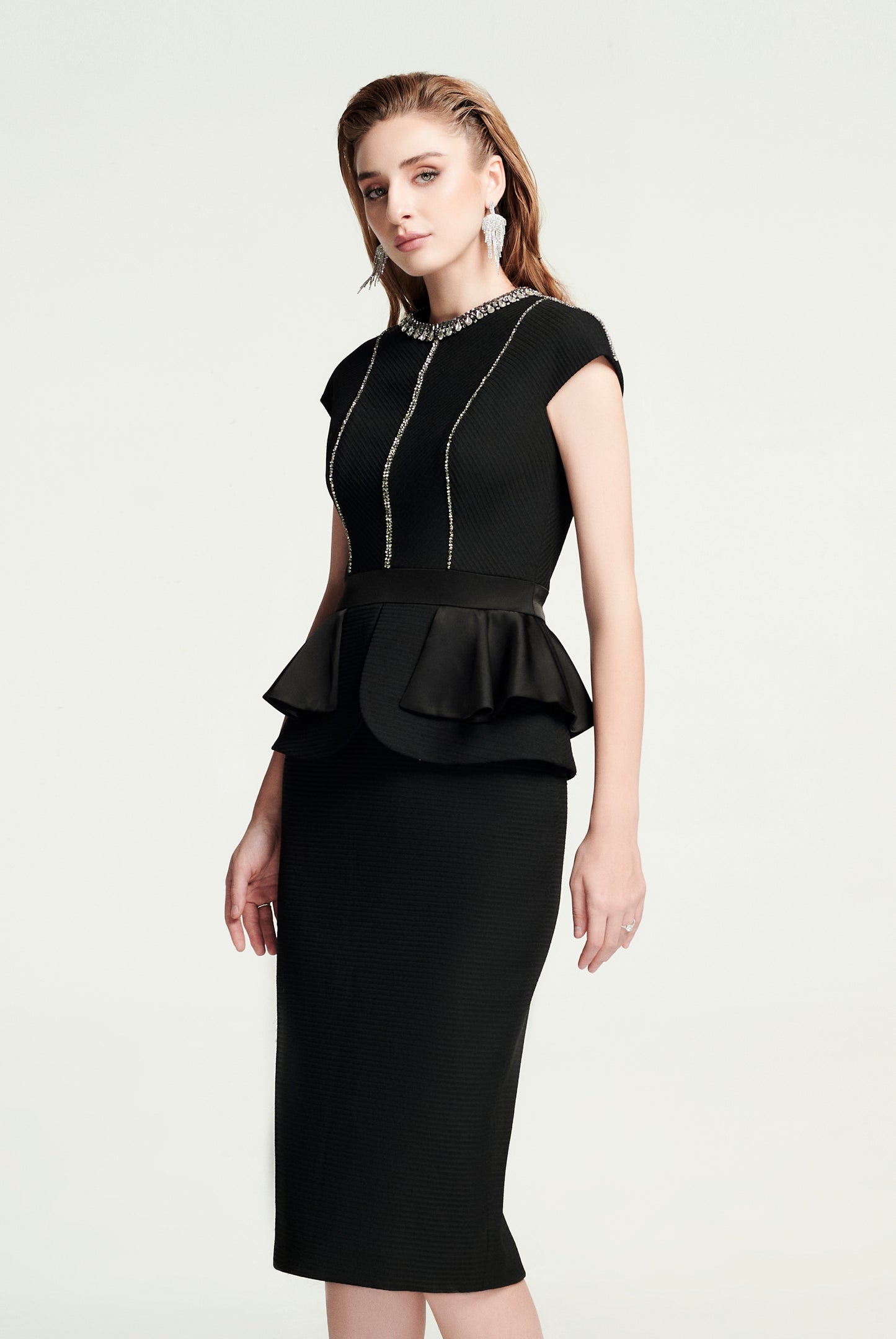 Black Cap Sleeve Peplum Pencil Dress with Embellished Neckline