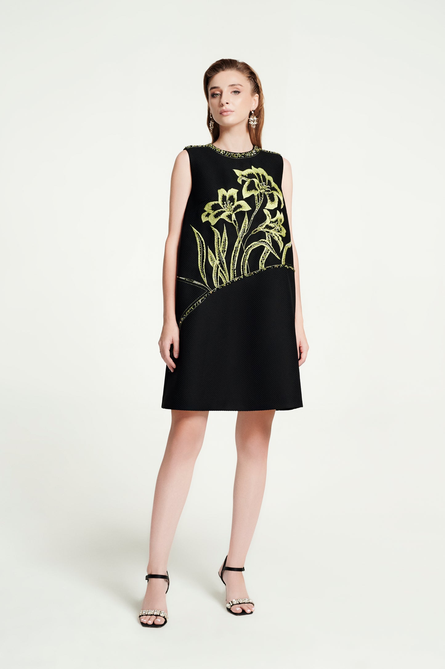 Black Floral Embroidered A-Line Sleeveless Dress