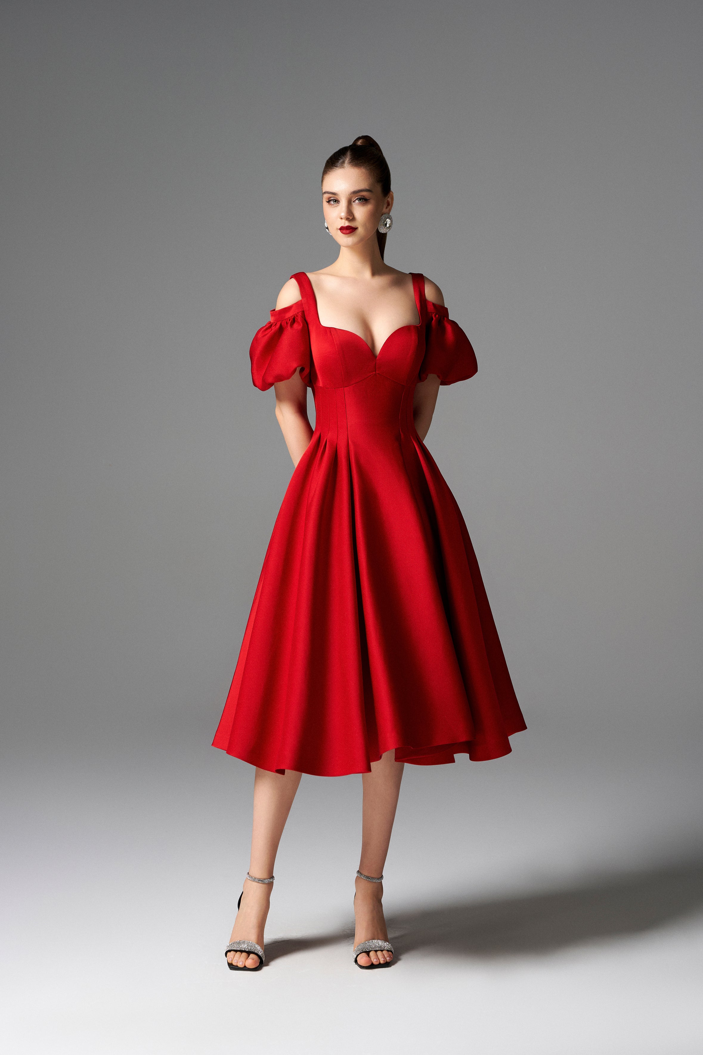 Red Off-the-Shoulder Puff Sleeve Midi Dress – My Store