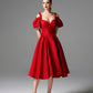 Red Off-the-Shoulder Puff Sleeve Midi Dress