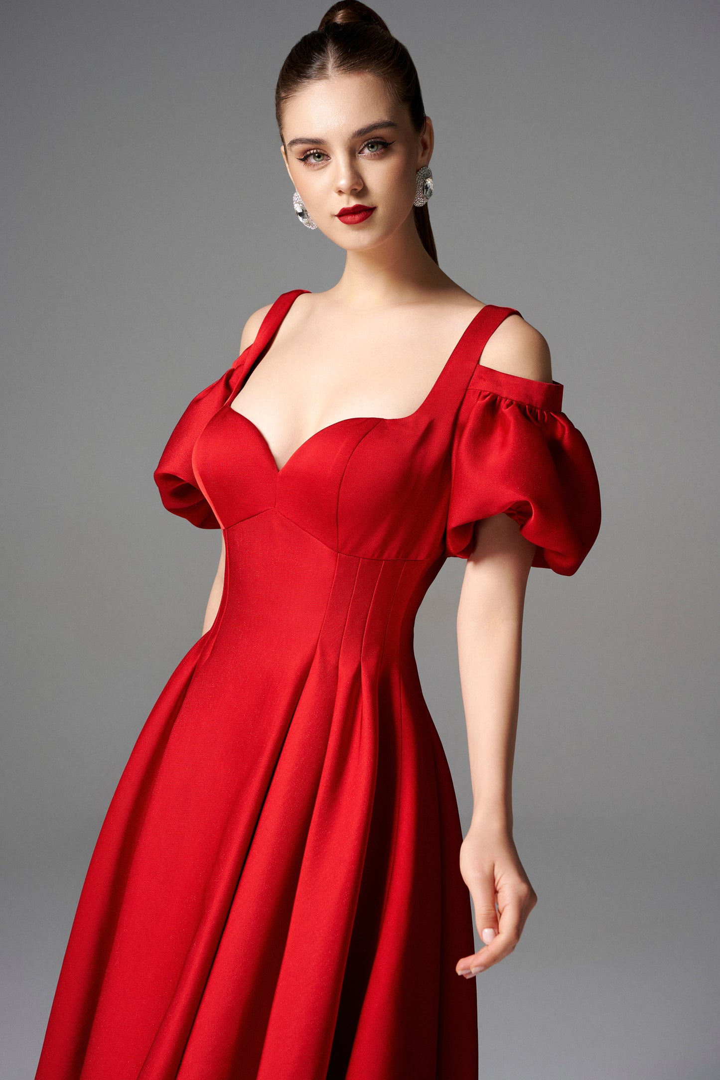 Red Off-the-Shoulder Puff Sleeve Midi Dress