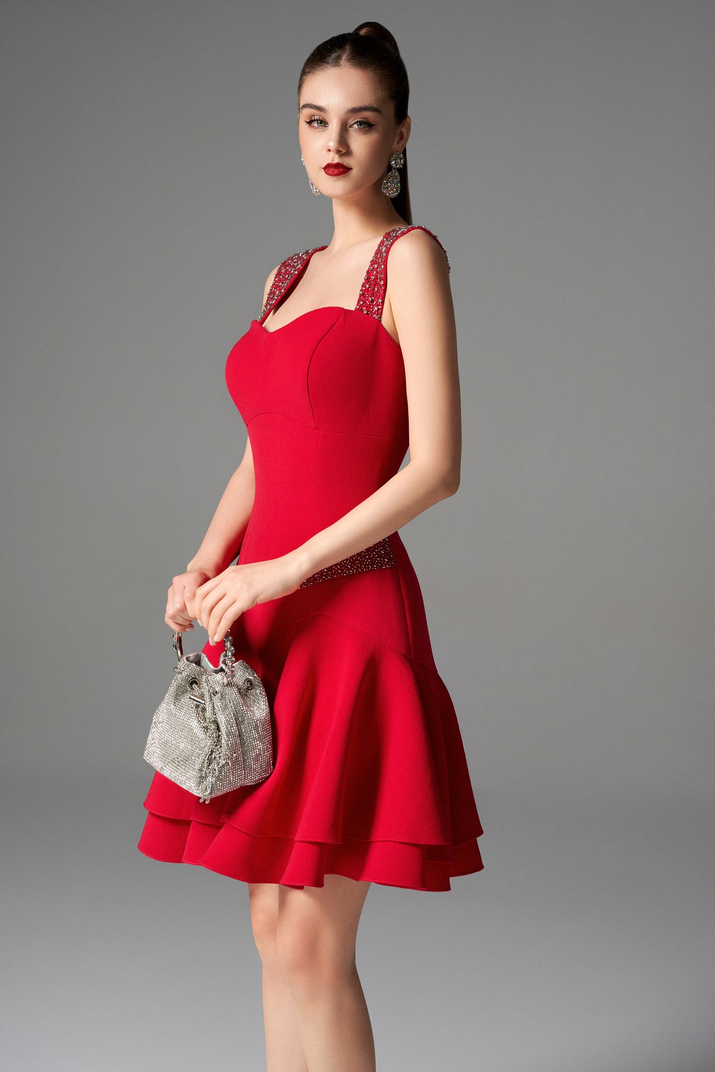 Red Fit and Flare Cocktail Dress with Embellished Straps