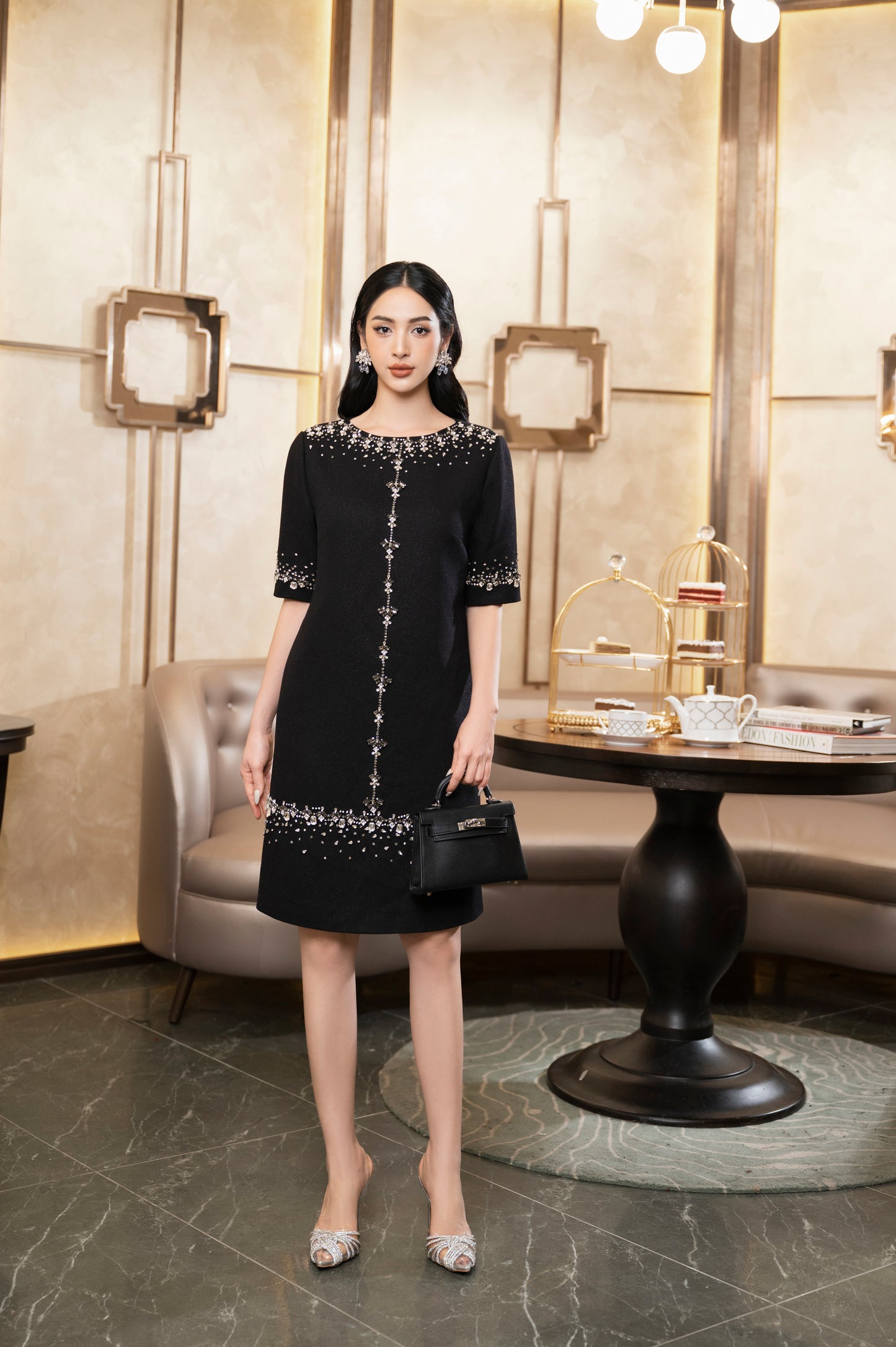 Black Pearl Embellished Midi Dress with Half Sleeves