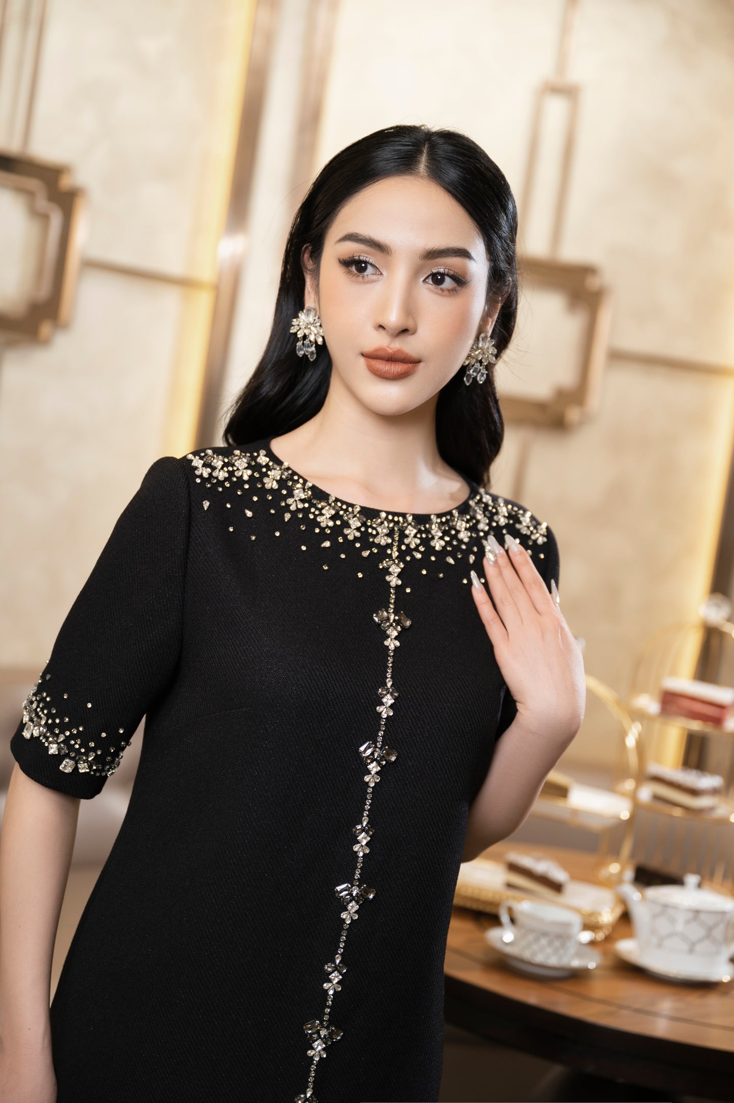 Black Pearl Embellished Midi Dress with Half Sleeves